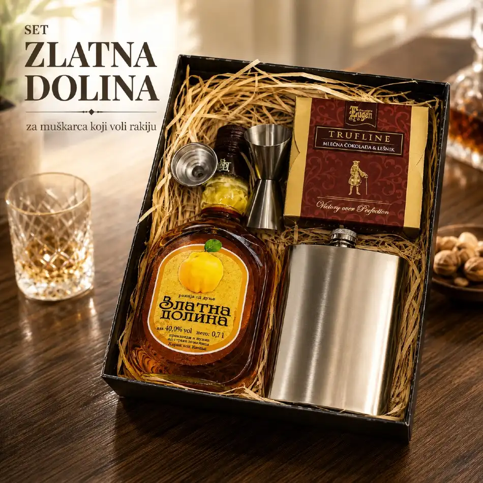 Poklon set za muškarca sa rakijom Zlatna Dolina, pljoskom i čokoladom