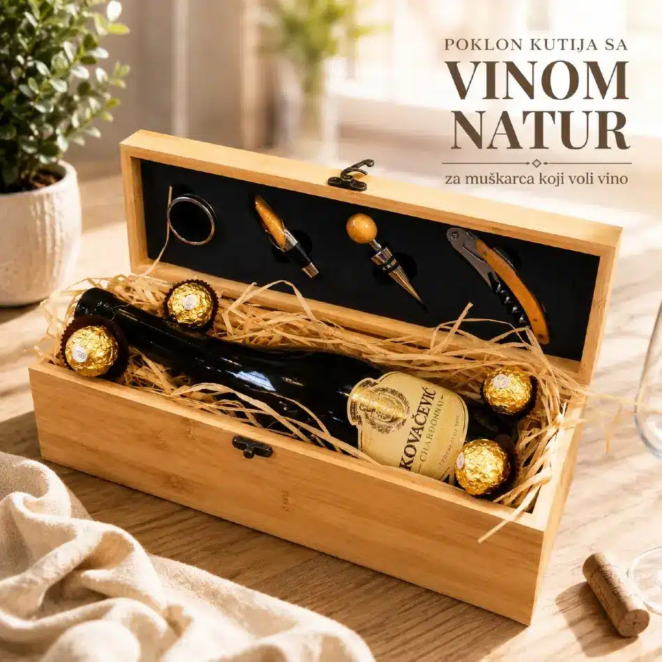 Poklon set za muškarca sa vinom Kovačević u drvenoj kutiji sa vinskim priborom