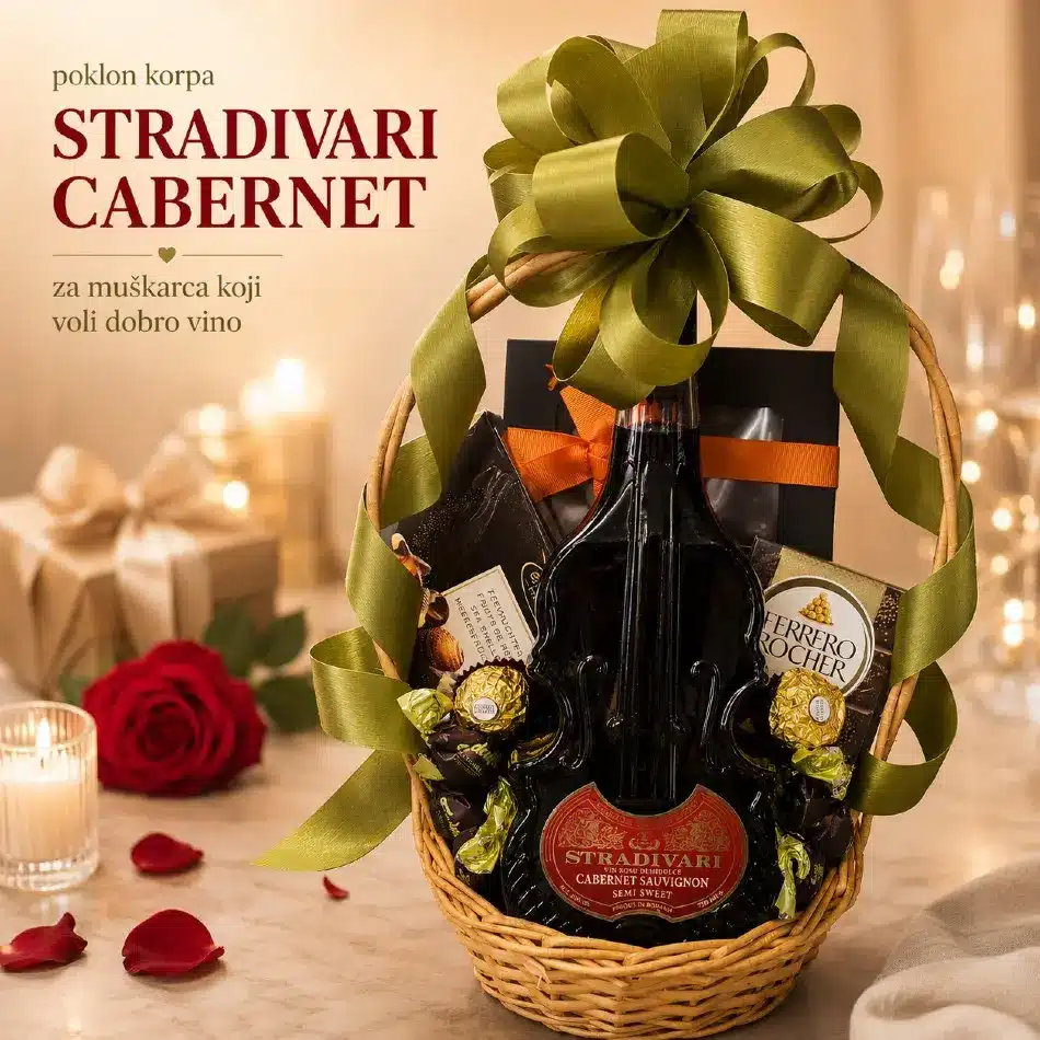 Poklon korpa Stradivari Cabernet za godišnjicu muškarcu koji voli vino i čokolade