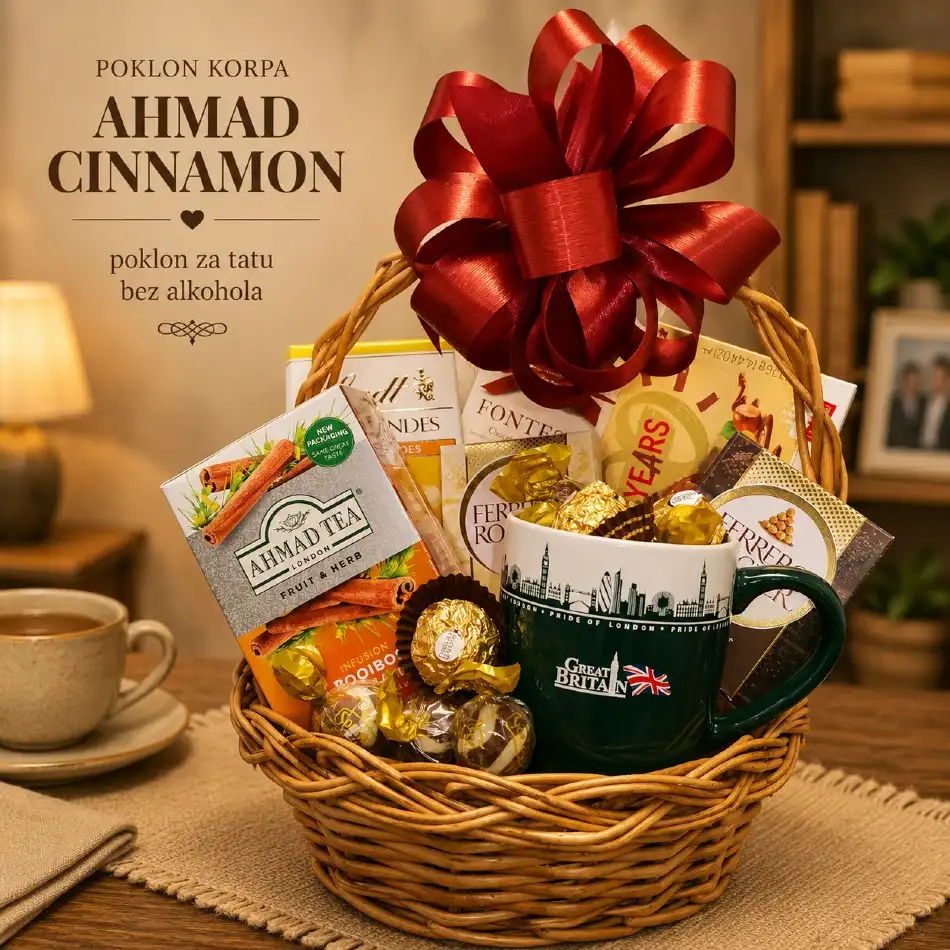 poklon za tatu bez alkohola korpa Ahmad Cinnamon sa čajem i slatkišima