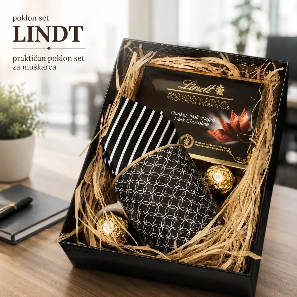 Praktičan poklon set za muškarca Lindt sa kravatom, šoljom i čokoladama