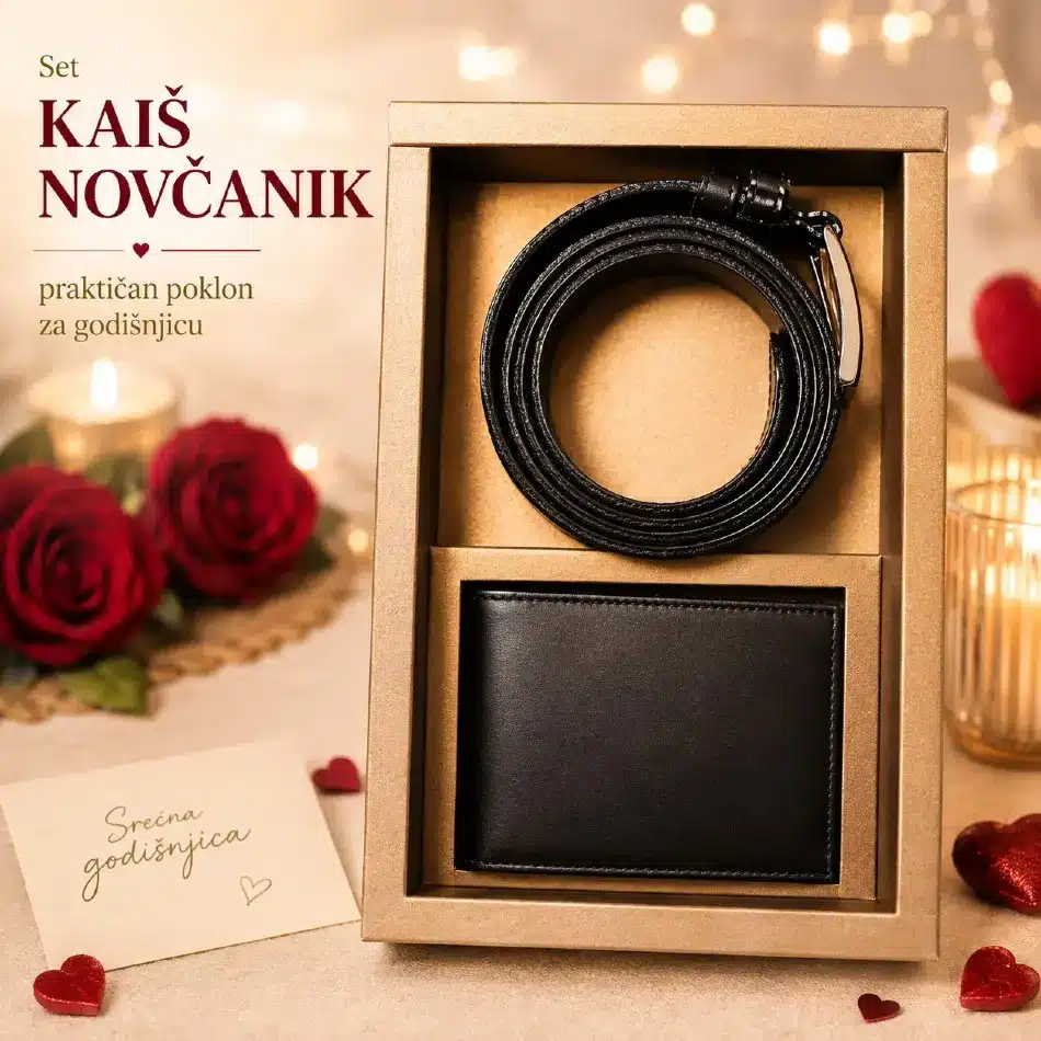 Praktičan poklon za godišnjicu muškarcu set sa crnim kožnim kaišem i novčanikom