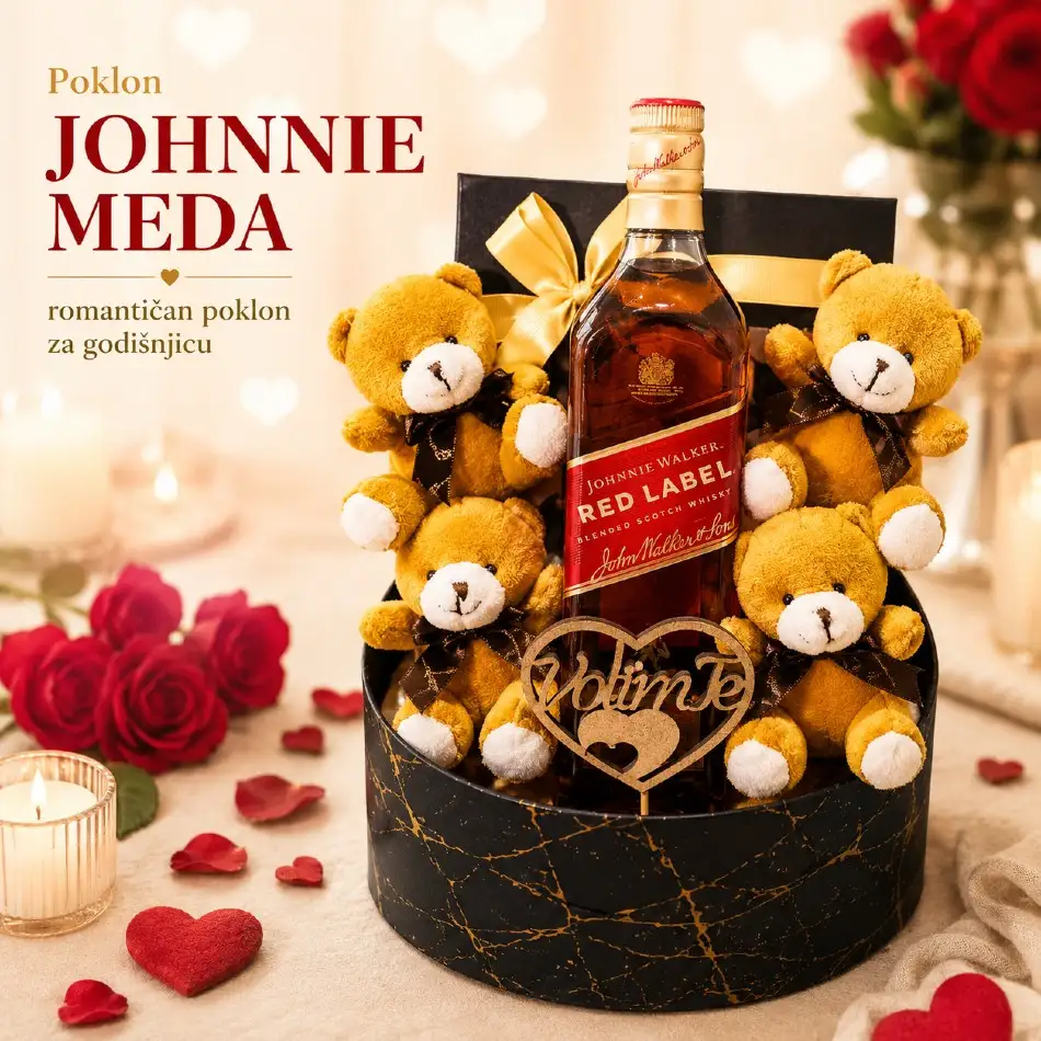 Romantičan poklon za godišnjicu Johnnie meda sa viskijem, plišanim medama i porukom Volim te
