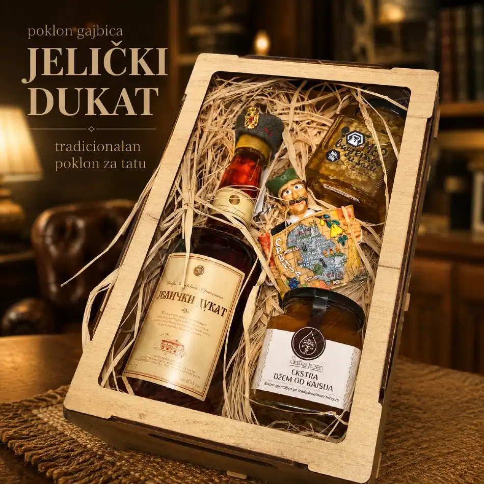 tradicionalan poklon za tatu gajbica Jelički Dukat sa rakijom i domaćim proizvodima