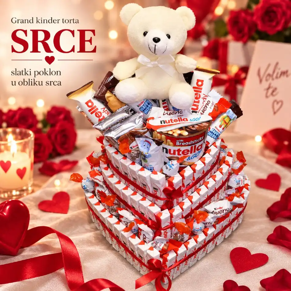 Grand Kinder torta Srce sa Kinder slatkišima i plišanim medom