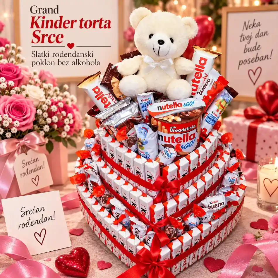 Grand Kinder torta Srce kao slatki rođendanski poklon za ženu bez alkohola