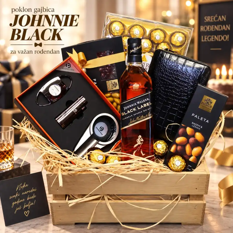 Poklon gajbica Johnnie Black sa Johnnie Walker Black Label viskijem, priborom za tompuse i čokoladama