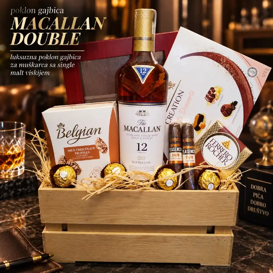 Poklon gajbica Macallan Double sa Macallan 12 viskijem, čokoladama i slatkim sadržajem za muškarca