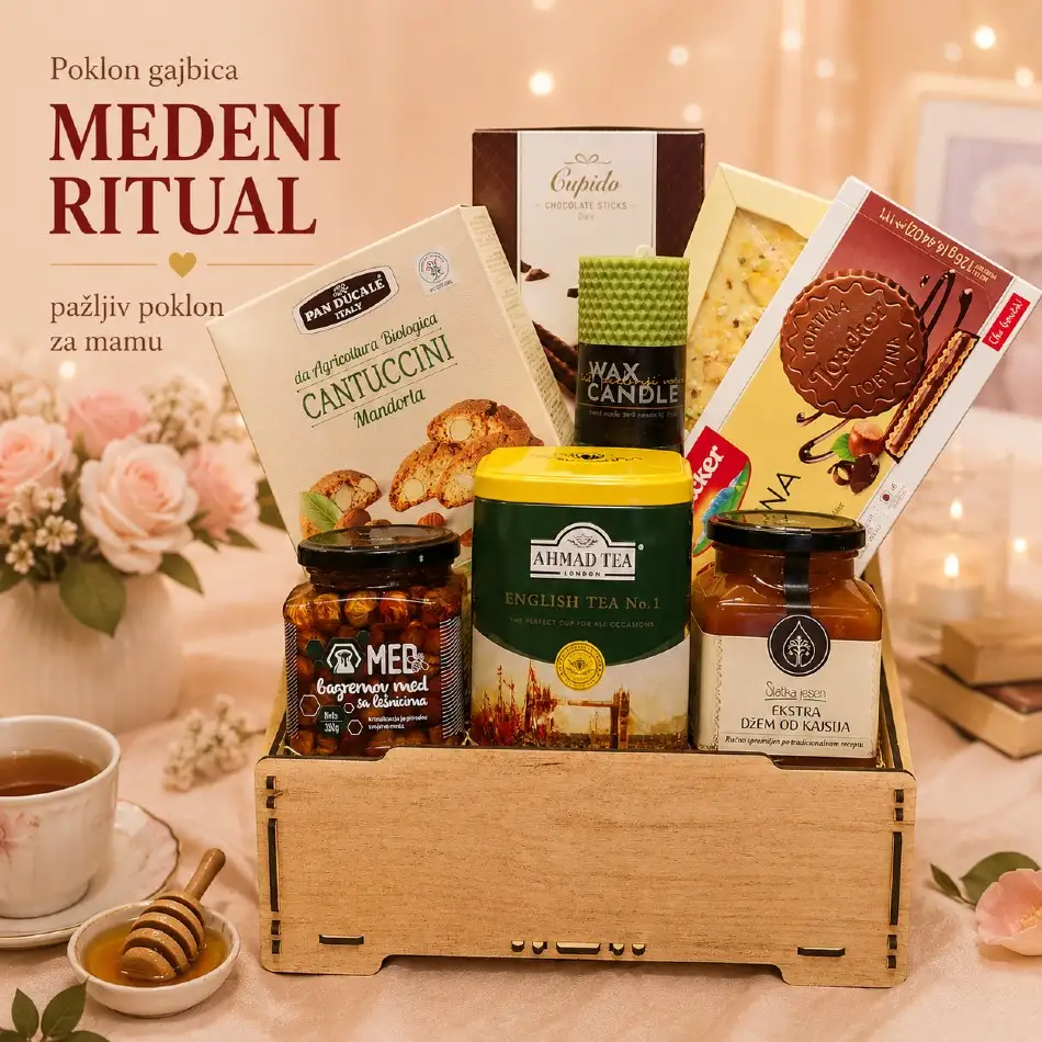 Poklon gajbica Medeni Ritual kao pažljiv poklon za mamu sa čajem, medom i slatkišima