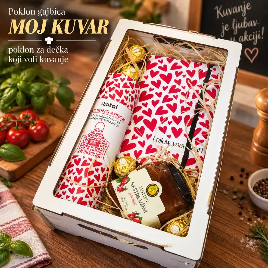 Poklon gajbica Moj kuvar sa keceljom, šoljom, medom i slatkišima kao originalan poklon za dečka koji voli kuvanje