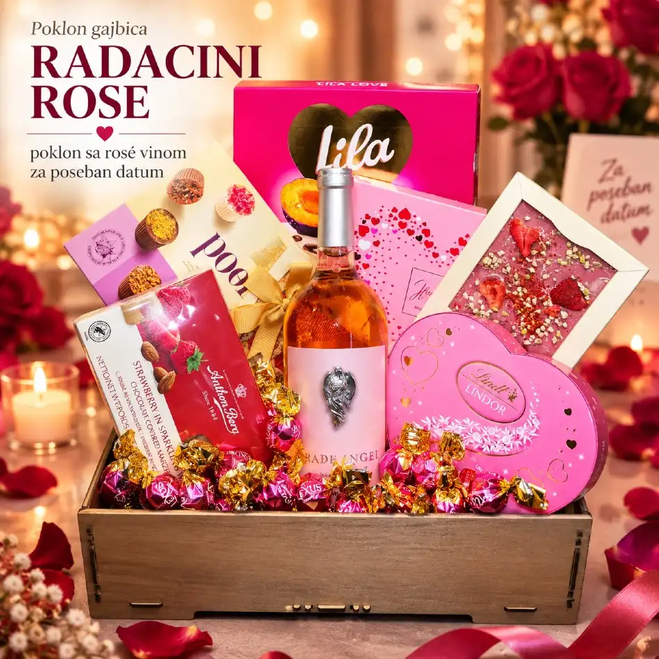 Poklon gajbica Radacini Rose sa rosé vinom, čokoladama i pralinama
