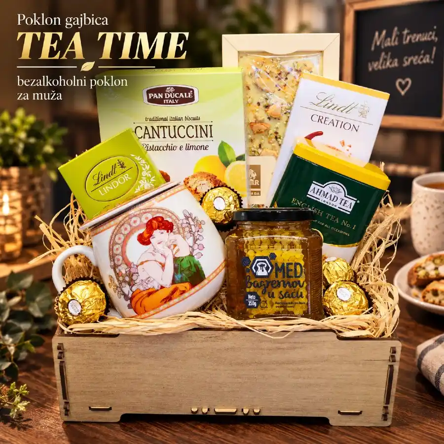Poklon gajbica Tea Time sa čajem, medom, šoljom i slatkim sadržajem za muža