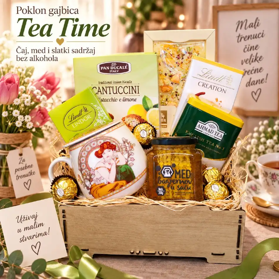 Poklon gajbica Tea Time sa čajem, medom i slatkim sadržajem bez alkohola