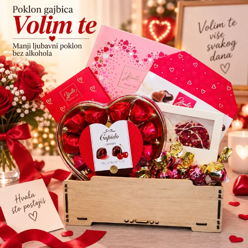 Poklon gajbica Volim te sa čokoladama u obliku srca, bez alkohola