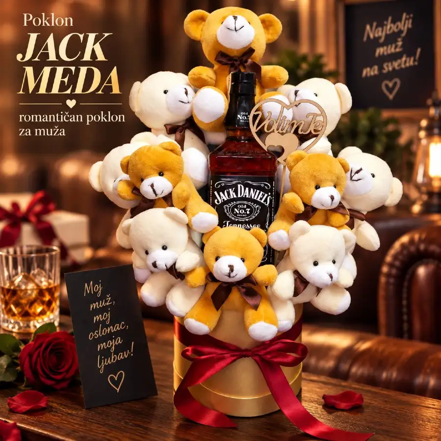 Poklon Jack meda sa Jack Daniel’s viskijem, plišanim medvedićima i porukom Volim te za muža
