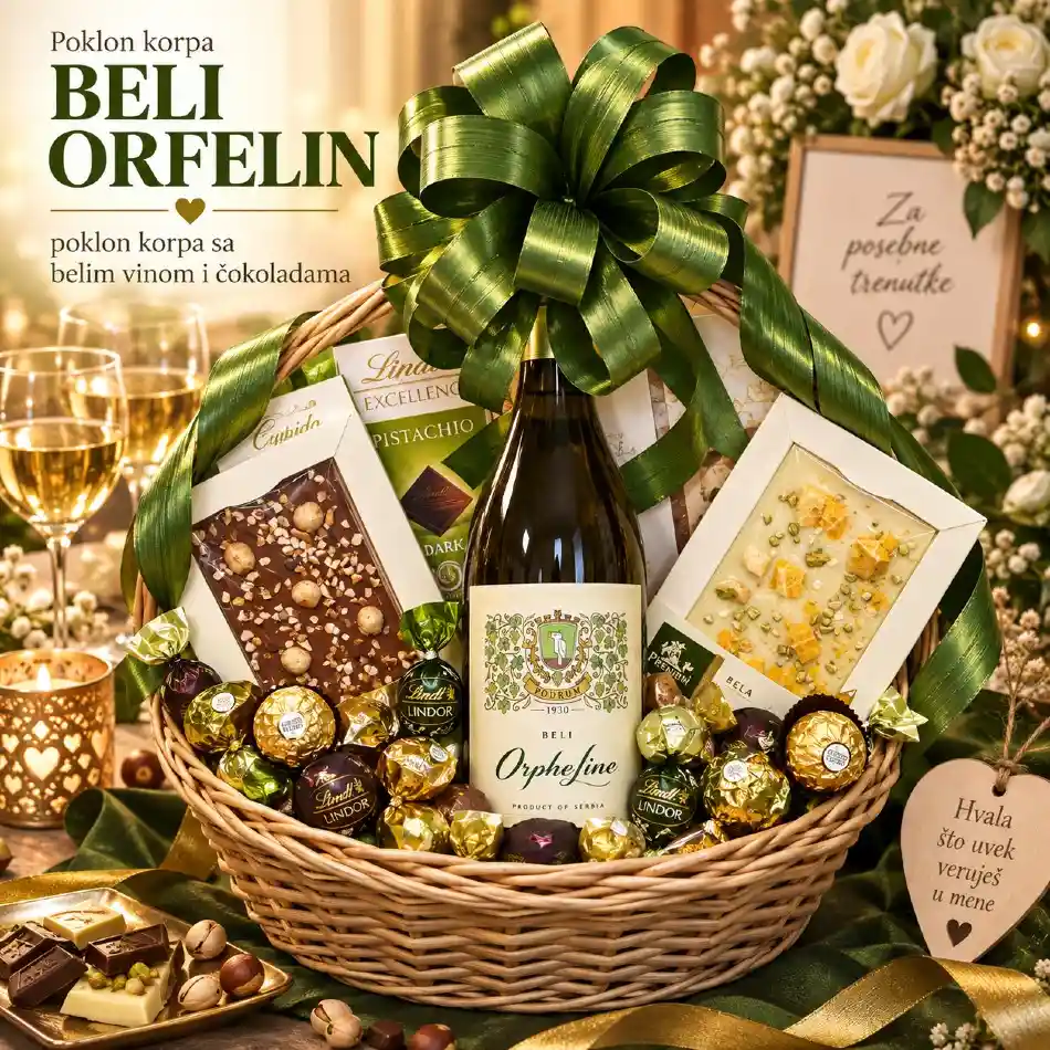 Poklon korpa Beli Orfelin sa belim vinom, čokoladama i pralinama za mamu