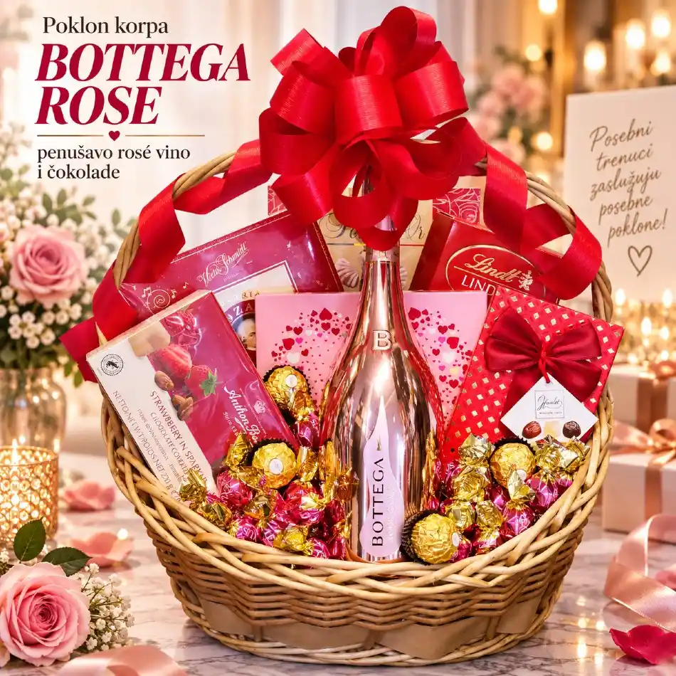 Poklon korpa Bottega Rose sa penušavim rosé vinom, čokoladama i pralinama