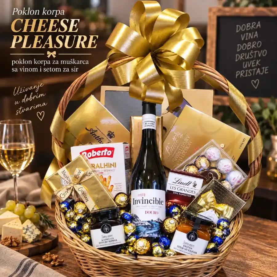 Poklon korpa Cheese Pleasure sa belim vinom, setom za sir i slatkim sadržajem za muškarca