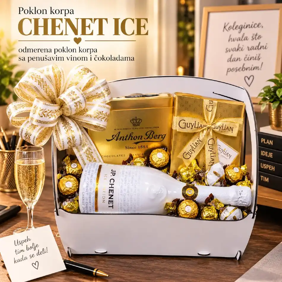 Poklon korpa Chenet Ice sa penušavim vinom i čokoladama za koleginicu