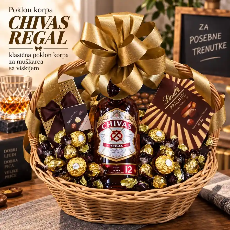 Poklon korpa Chivas Regal sa viskijem, čokoladama i zlatnom mašnom za muškarca