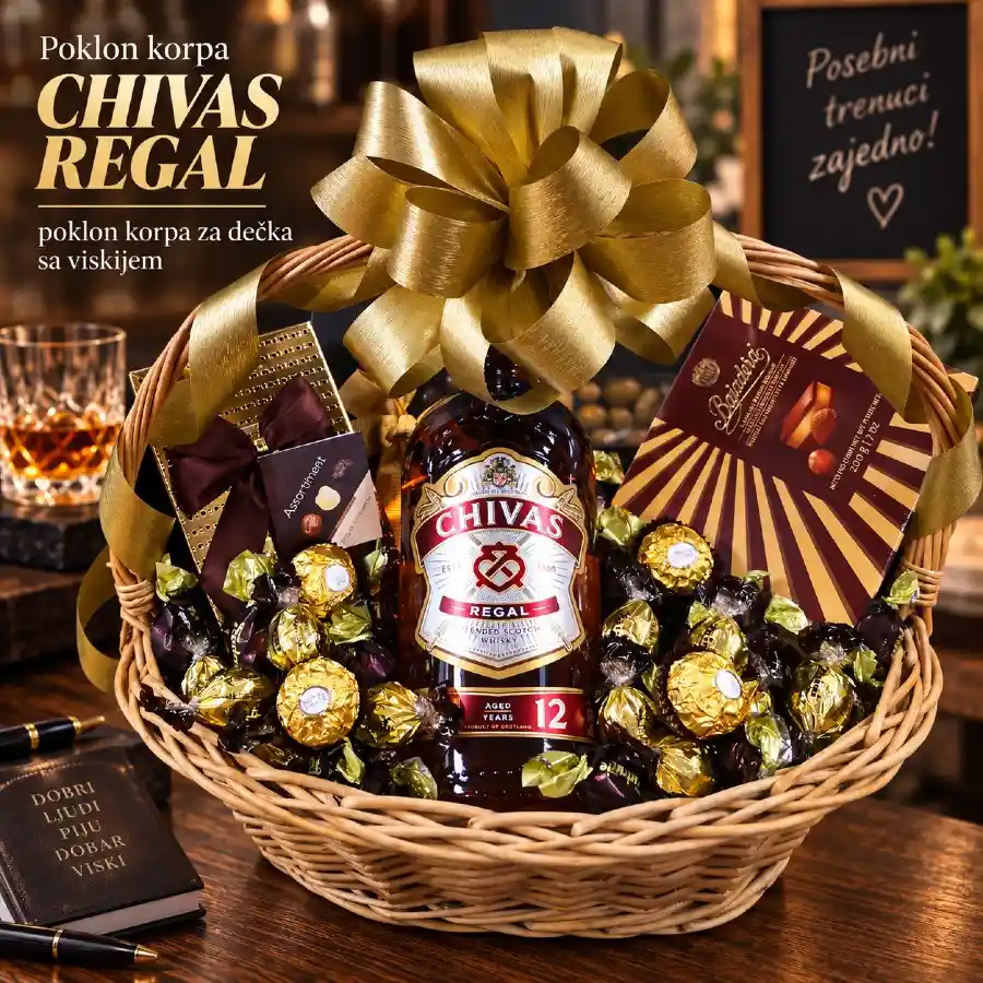 Poklon korpa Chivas Regal sa škotskim viskijem, čokoladama i zlatnom mašnom kao poklon korpa za dečka