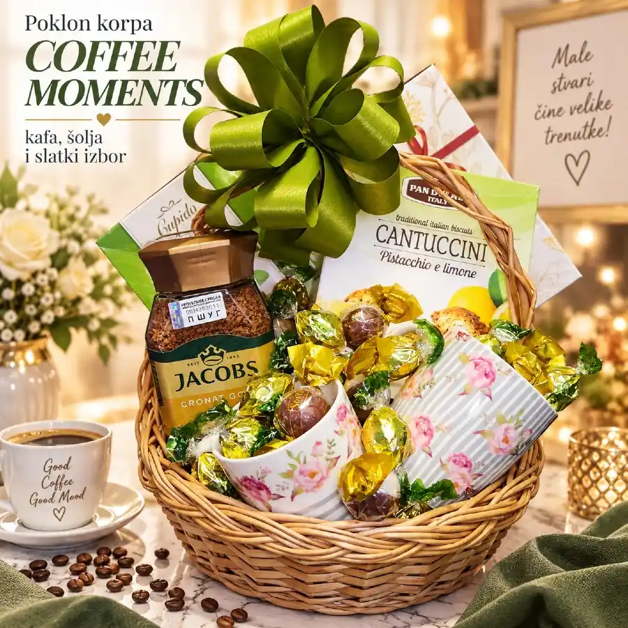 Poklon korpa Coffee Moments sa kafom, dve šolje, čokoladama i slatkišima