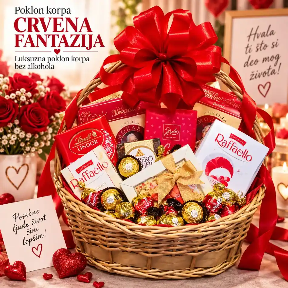 Poklon korpa Crvena fantazija sa čokoladama i pralinama, bez alkohola