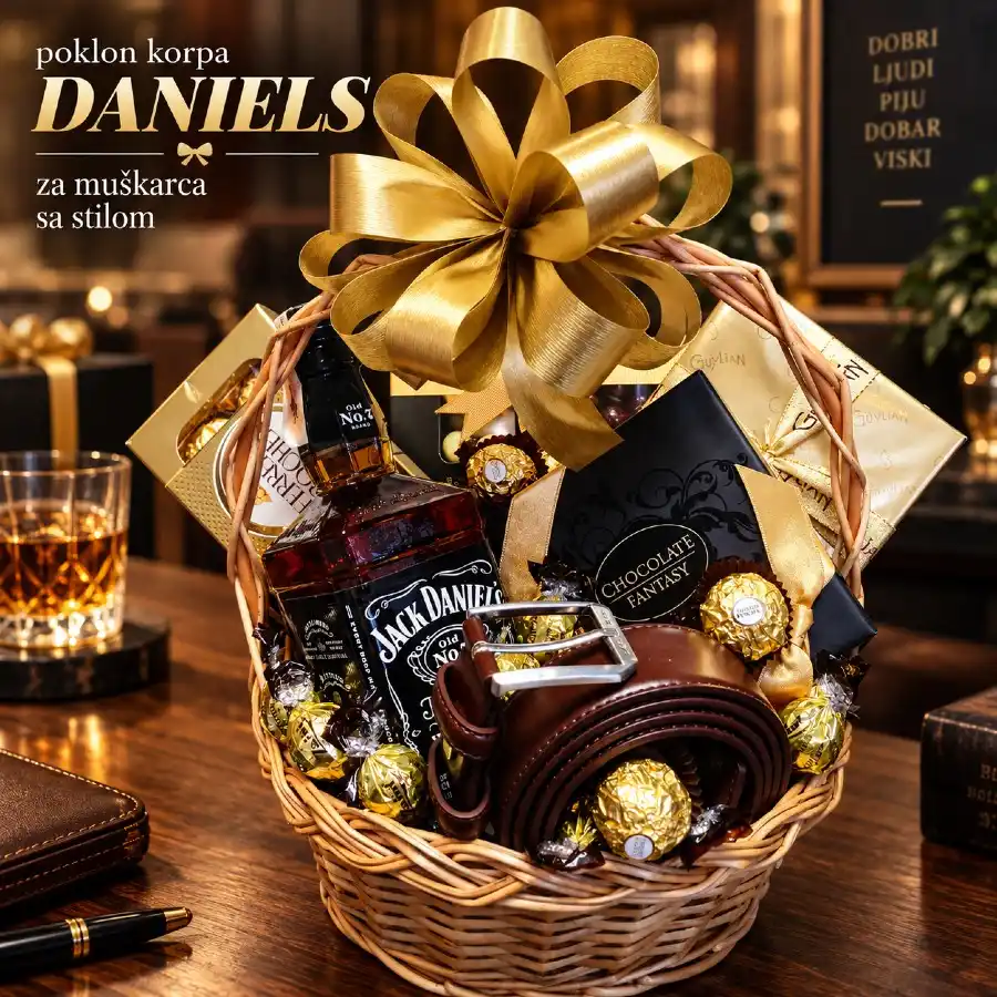 Poklon korpa Daniels sa Jack Daniel’s viskijem, kožnim kaišem i čokoladama za muškarca