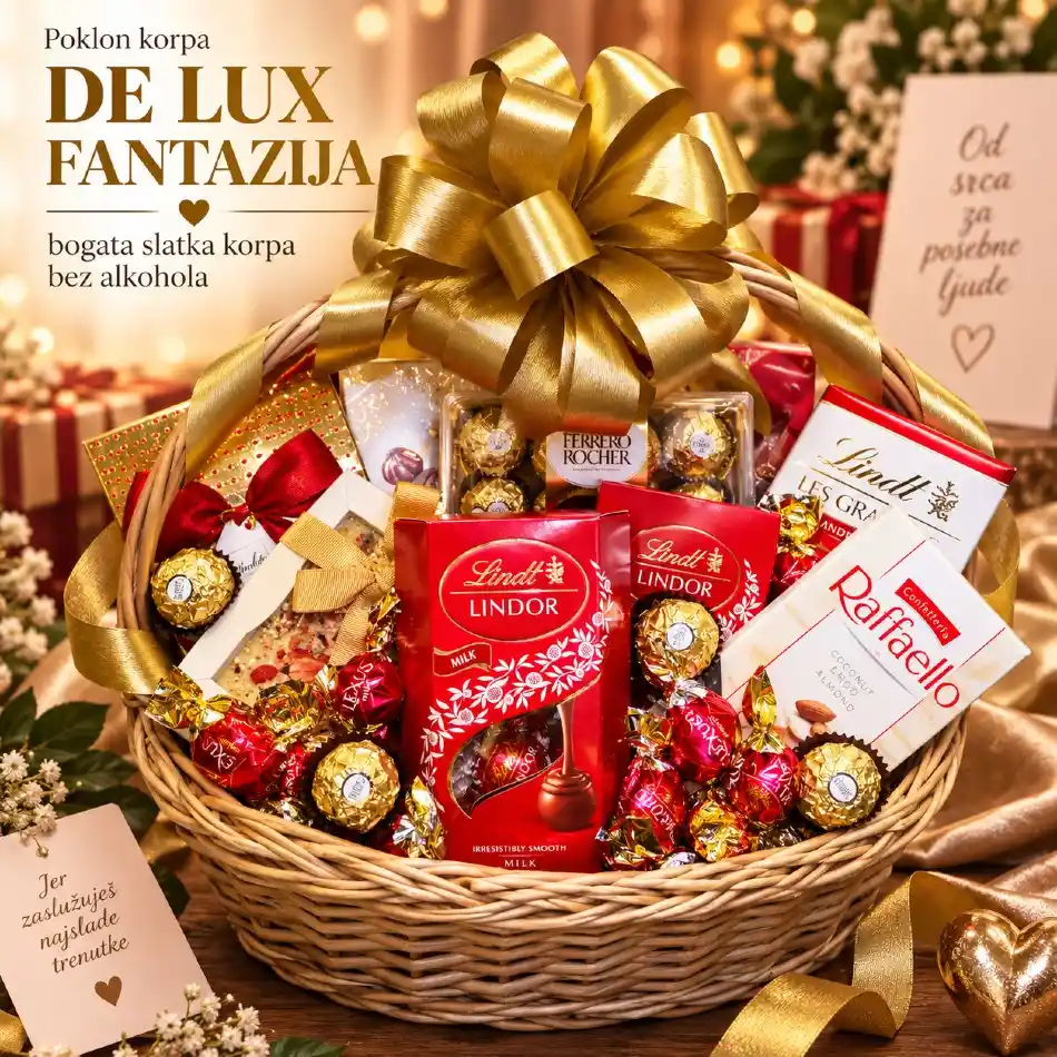 Poklon korpa De lux fantazija sa čokoladama, pralinama i slatkišima bez alkohola