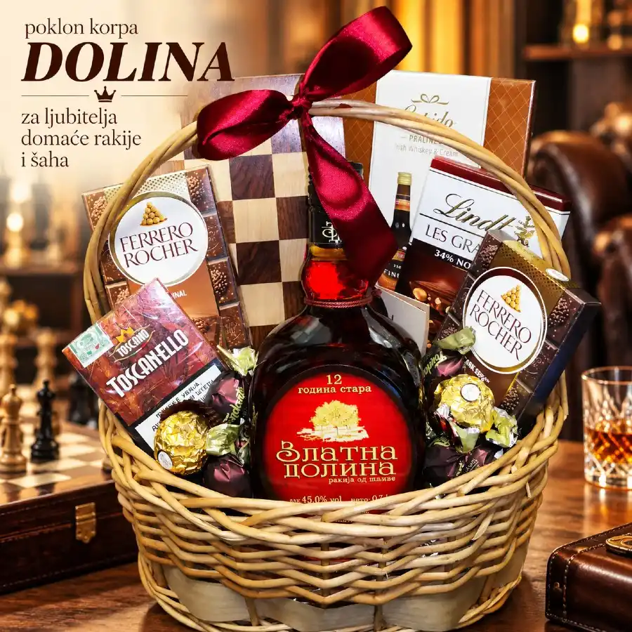 Poklon korpa Dolina sa starom šljivovicom, drvenim šahom i čokoladama