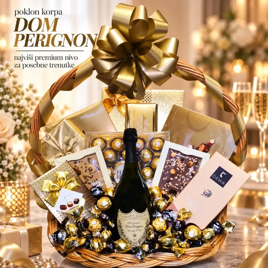 Poklon korpa Dom Perignon sa francuskim šampanjcem, čokoladama i pralinama