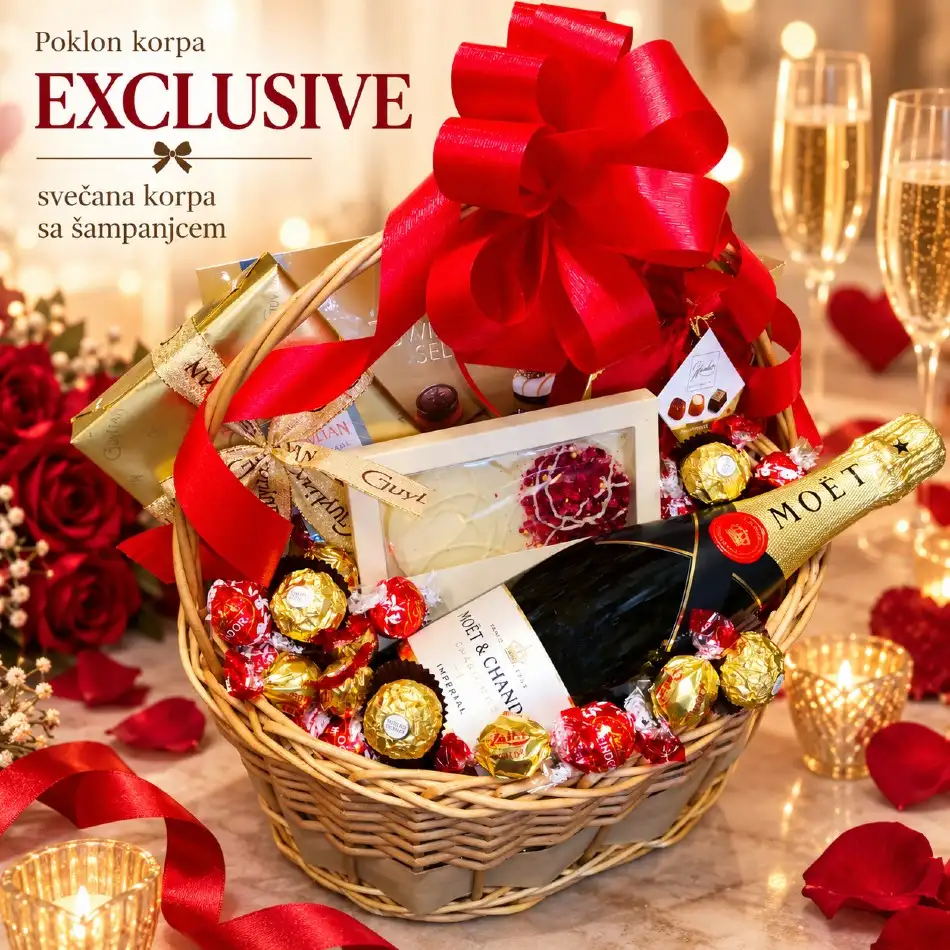 Poklon korpa Exclusive sa Moët šampanjcem, čokoladama i crvenom mašnom