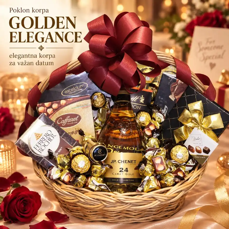 Poklon korpa Golden Elegance sa pićem, bombonjerama i čokoladama