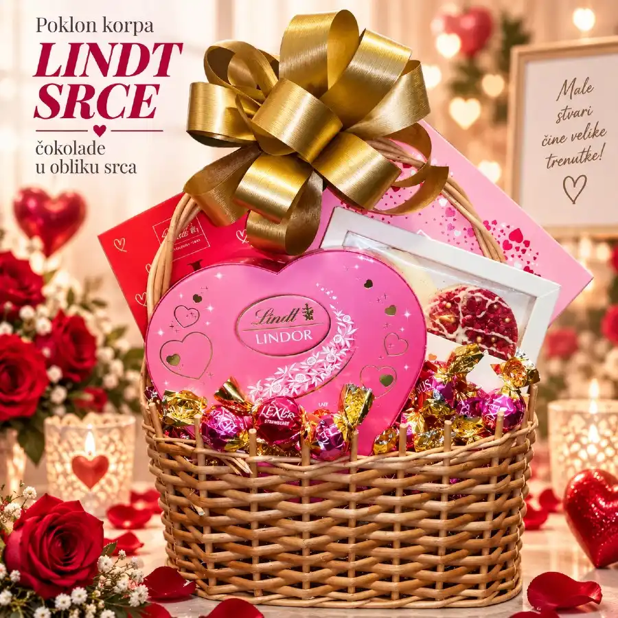 Poklon korpa Lindt Srce sa Lindor kutijom u obliku srca, čokoladama i pralinama