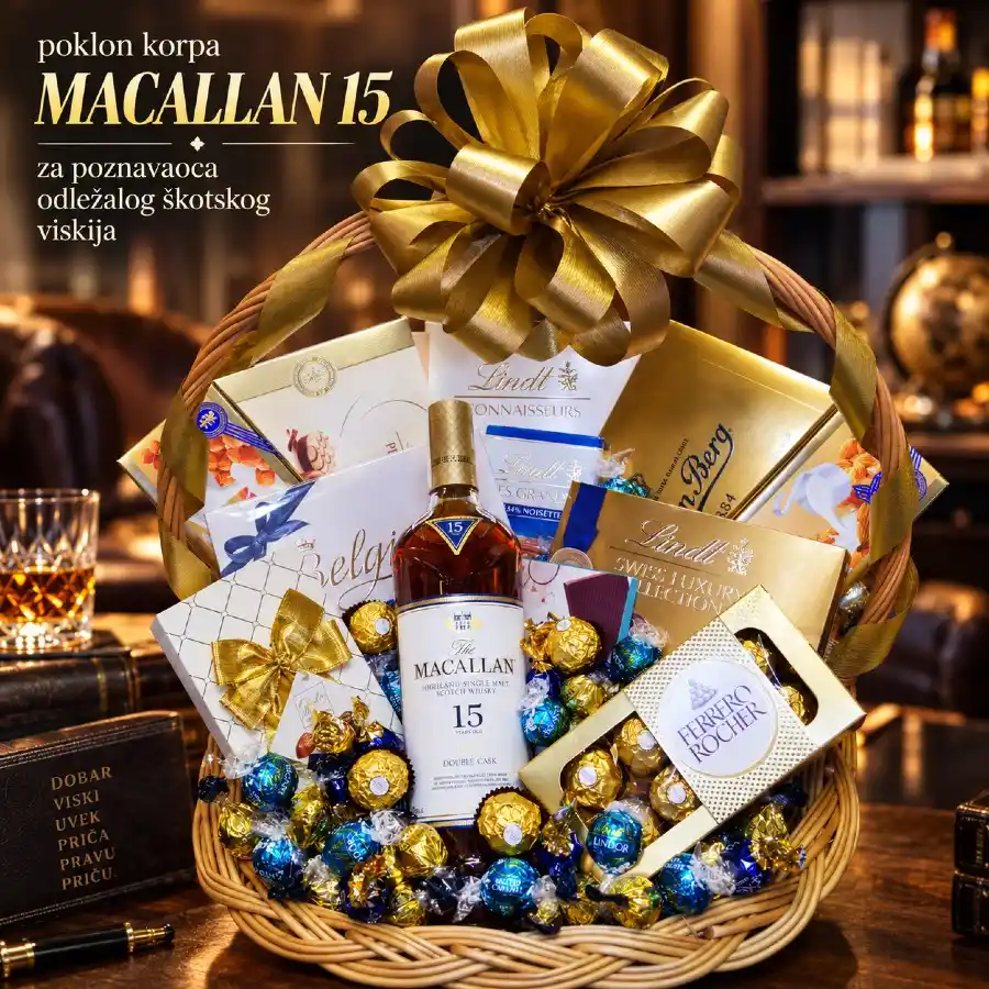 Poklon korpa Macallan 15 sa odležalim škotskim viskijem i izborom čokolada