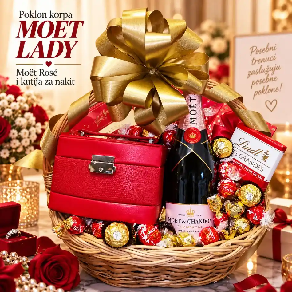 Poklon korpa Moet Lady sa Moët Rosé šampanjcem, kutijom za nakit i čokoladama