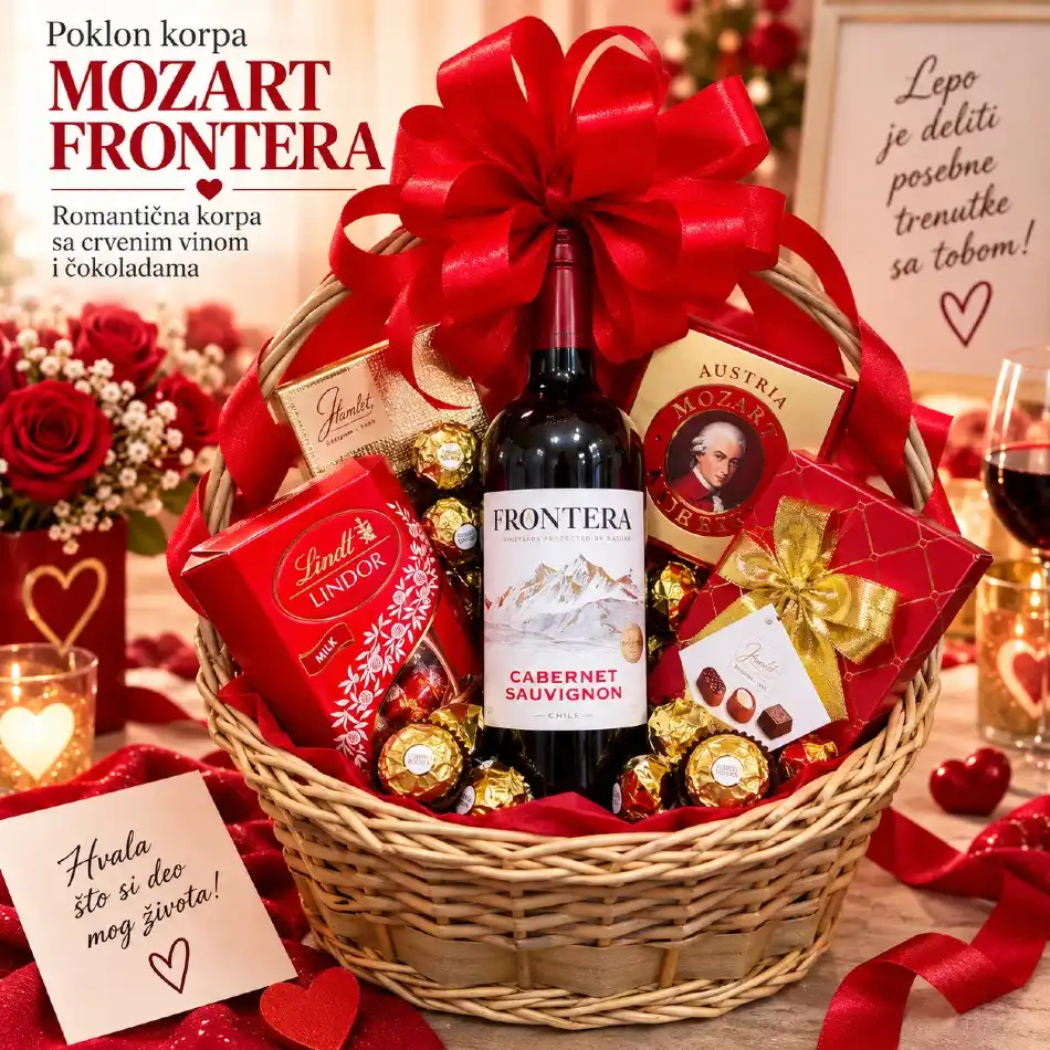 Poklon korpa Mozart Frontera sa crvenim vinom, čokoladama i crvenom mašnom