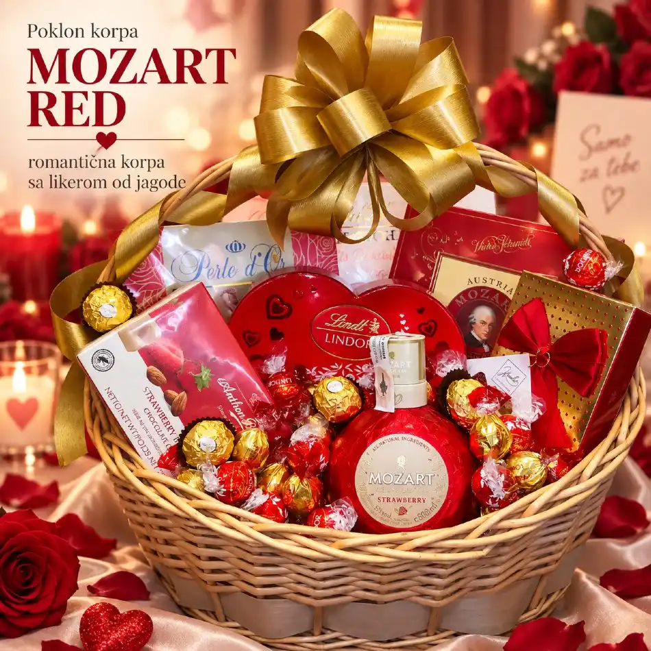 Poklon korpa Mozart Red sa likerom od jagode, čokoladama i zlatnom mašnom