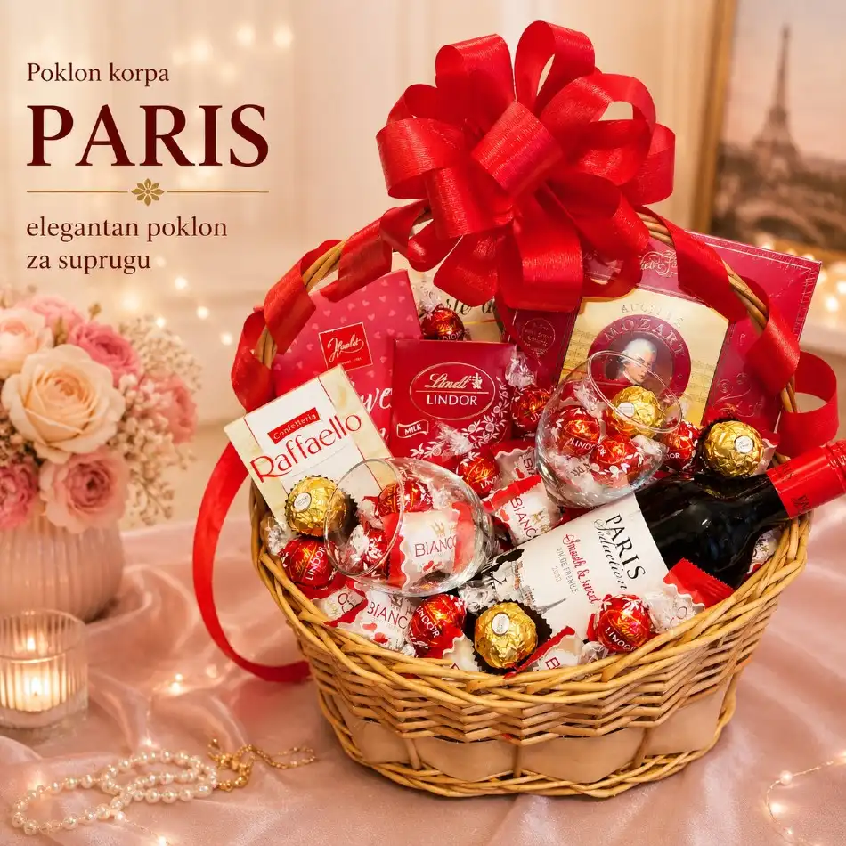 Poklon korpa Paris kao elegantan poklon za suprugu sa vinom i slatkišima