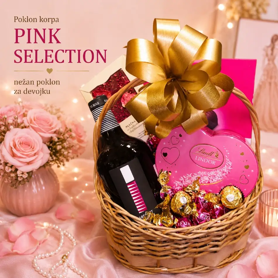 Poklon korpa Pink Selection kao nežan poklon za devojku sa vinom i čokoladama