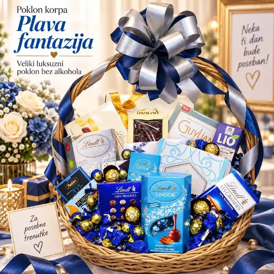 Poklon korpa Plava fantazija sa čokoladama i pralinama bez alkohola