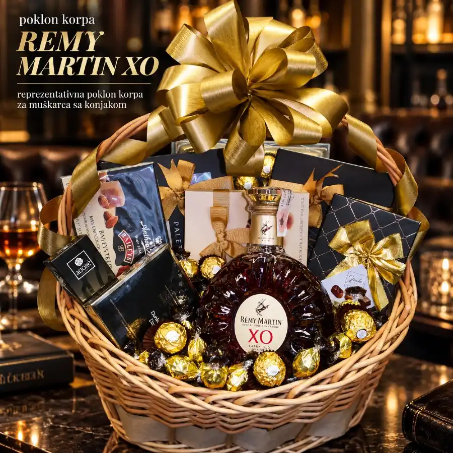 Poklon korpa Remy Martin XO sa XO konjakom, čokoladama, pralinama i zlatnom mašnom za muškarca