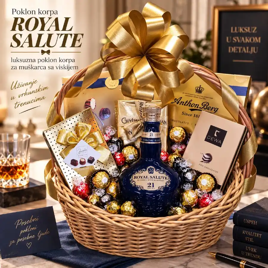 Poklon korpa Royal Salute sa Royal Salute 21 viskijem, čokoladama i zlatnom mašnom za muškarca