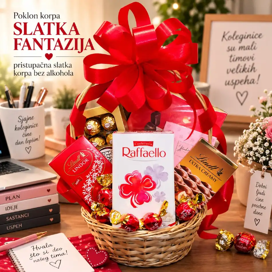 Poklon korpa Slatka fantazija sa čokoladama i pralinama kao poklon za koleginicu bez alkohola