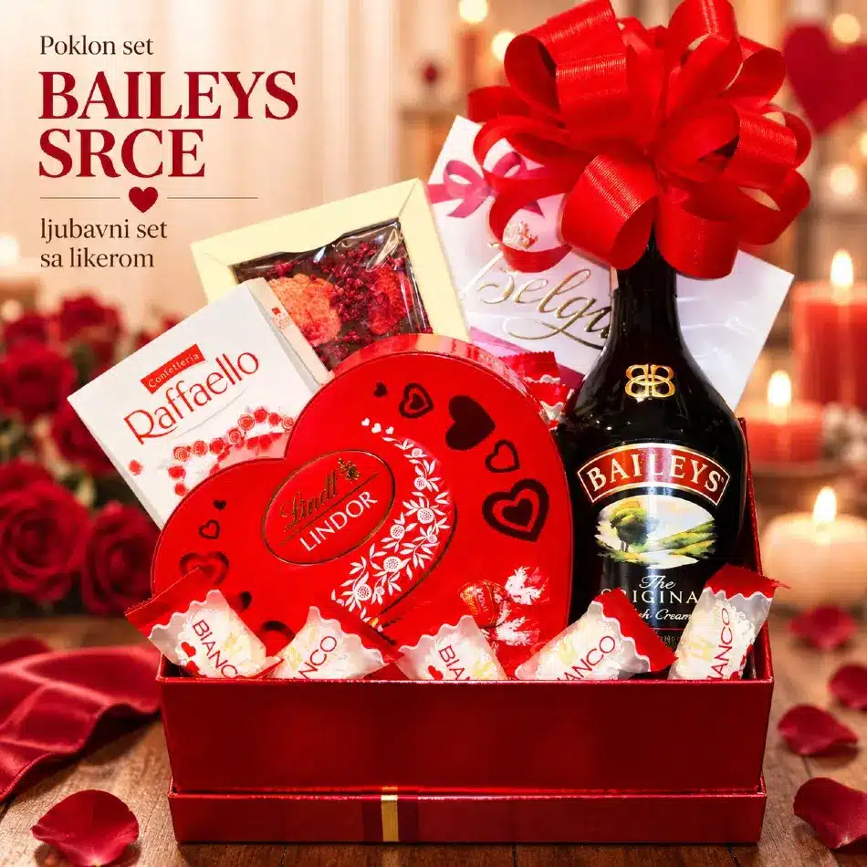 Poklon set Baileys Srce u crvenoj kutiji sa likerom i čokoladama