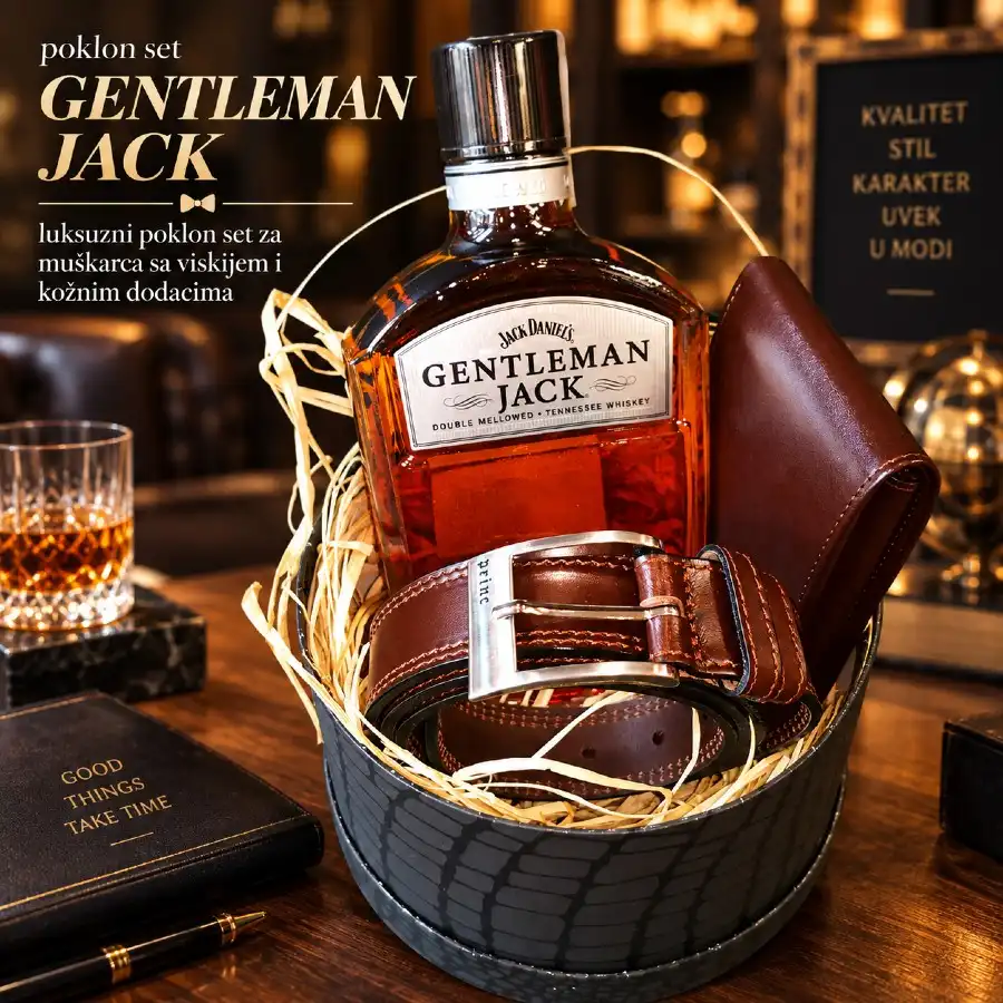 Poklon set Gentleman sa Gentleman Jack viskijem, kožnim novčanikom i kaišem za muškarca