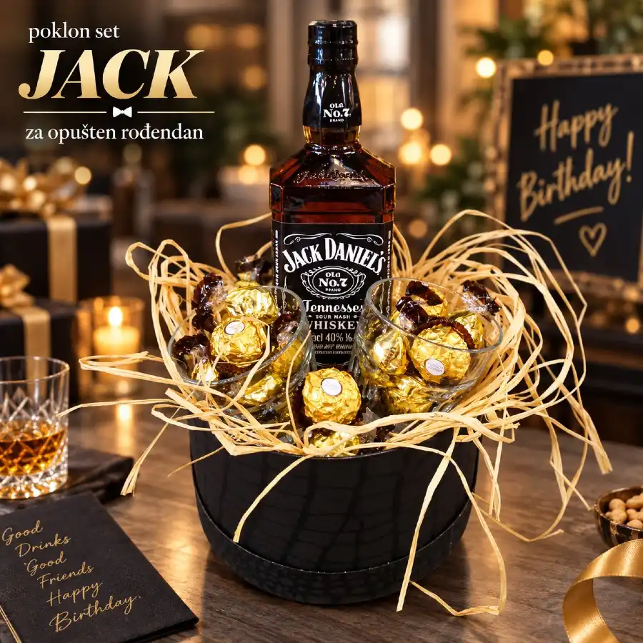 Poklon set Jack sa Jack Daniel’s viskijem, čašama i Ferrero Rocher pralinama