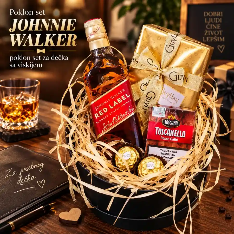 Poklon set Johnnie Walker sa Red Label viskijem, kafom, čokoladama i slatkim sadržajem kao poklon set za dečka