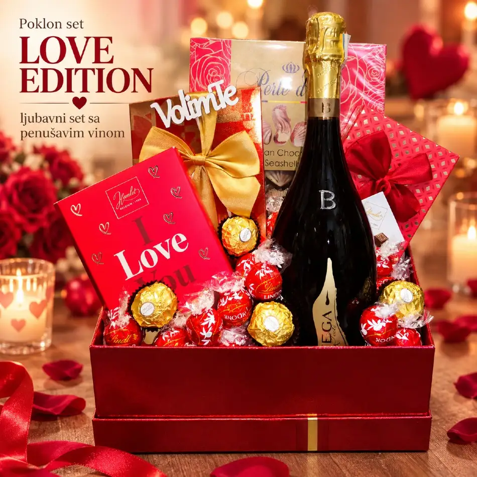 Poklon set Love Edition sa penušavim vinom i čokoladama za devojku