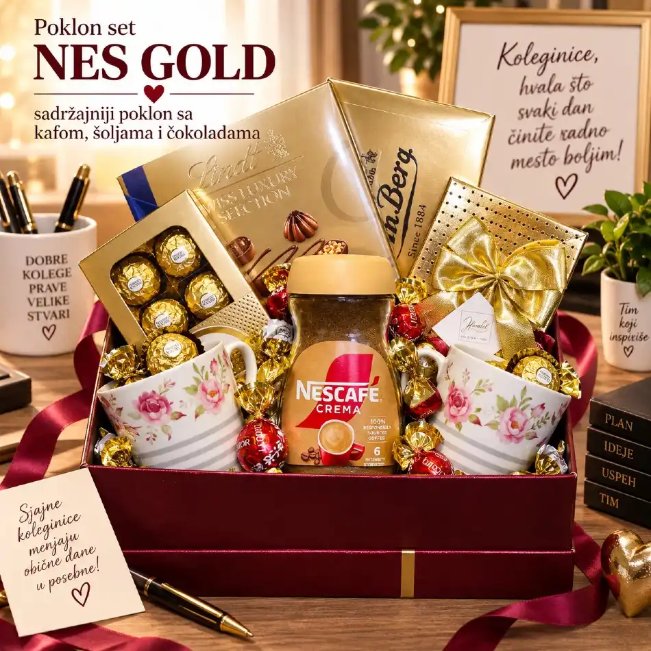 Poklon set Nes Gold sa Nescafe kafom, šoljama i čokoladama za koleginicu